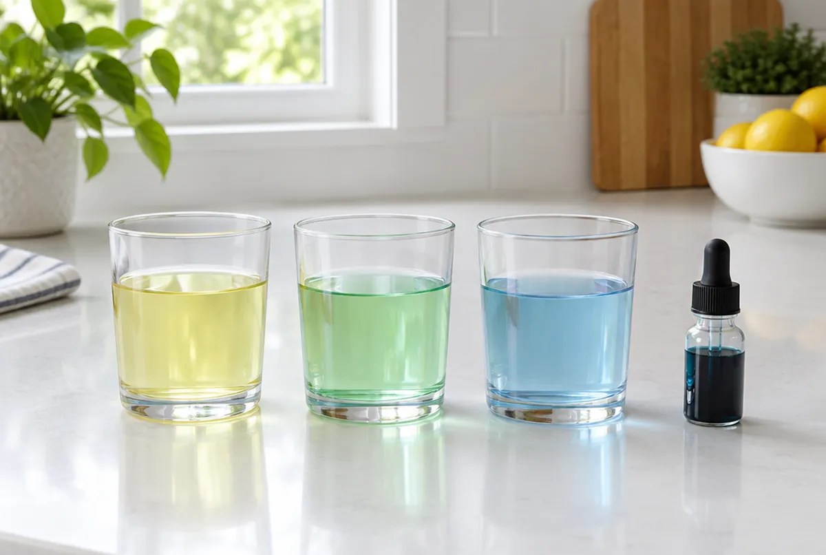 Drei Gläser Wasser, eingefärbt mit pH-Indikatortropfen