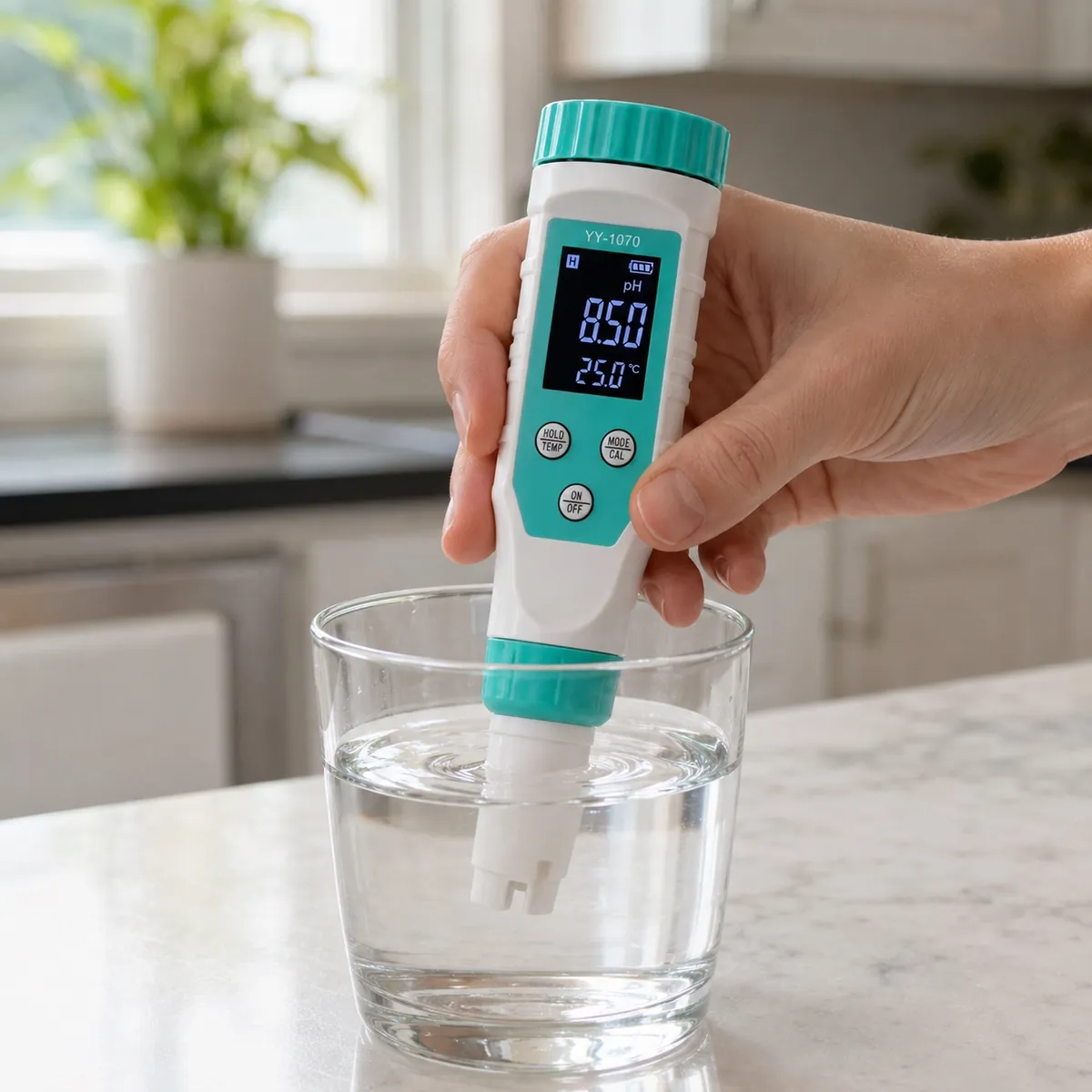 pH-Wert eines Glases Wasser mit einem stiftförmigen Messgerät prüfen