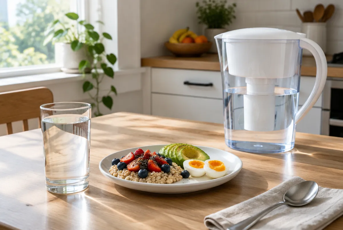 Ein Glas Wasser zum Frühstück und eine Filterkanne auf dem Tisch