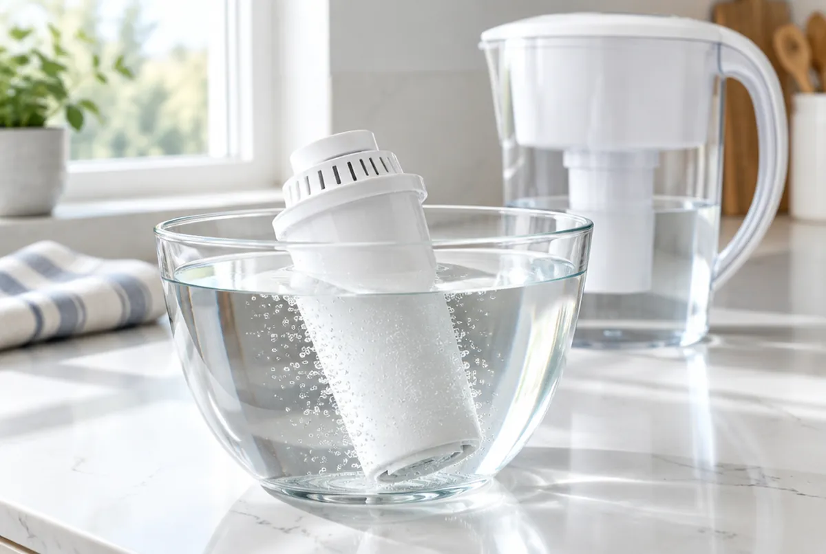 Eine neue Filterkartusche wird vor dem ersten Gebrauch in einer Schüssel mit sauberem Wasser eingeweicht