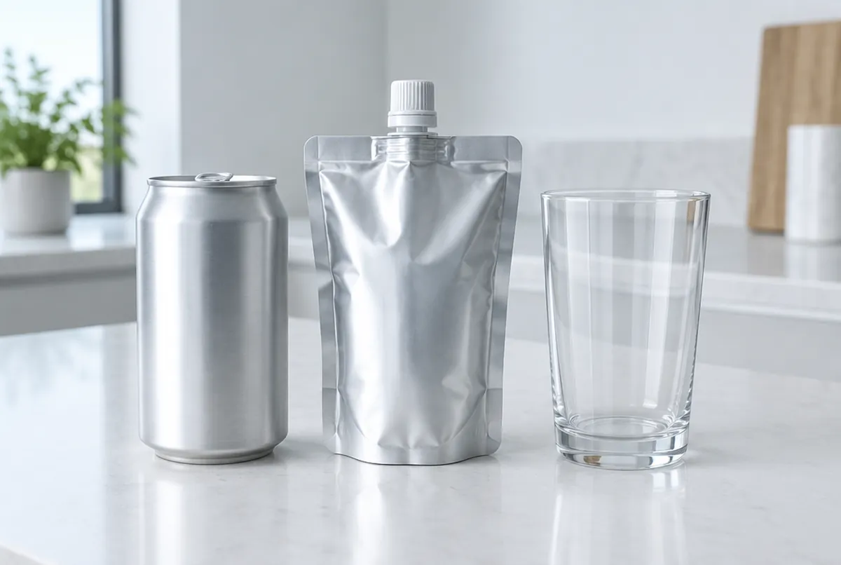 Eine Aluminiumdose und ein Folienbeutel mit trinkfertigem Wasserstoffwasser