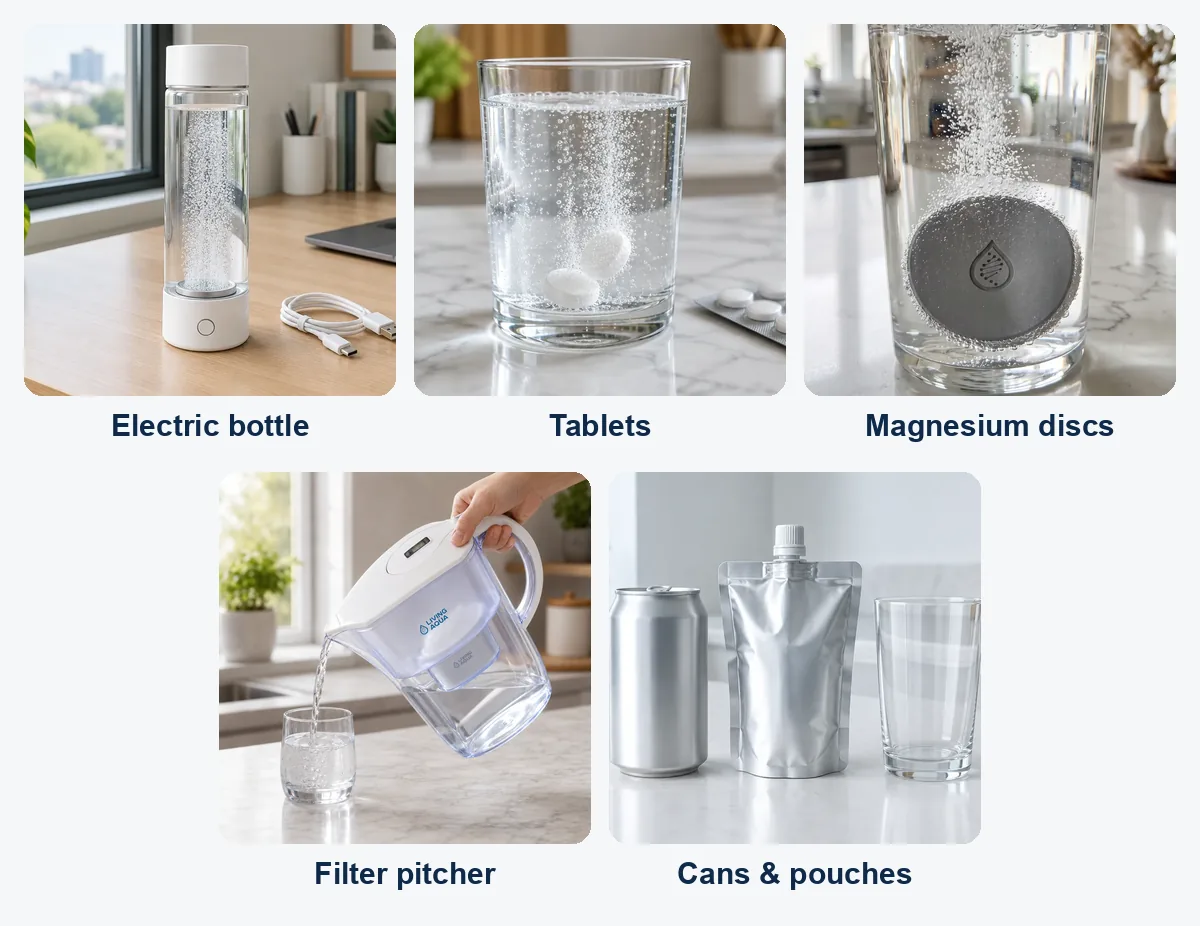 Fünf Wege zu Wasserstoffwasser: elektrische Flasche, Tabletten, Magnesium-Discs, Filterkanne, Dosen und Beutel