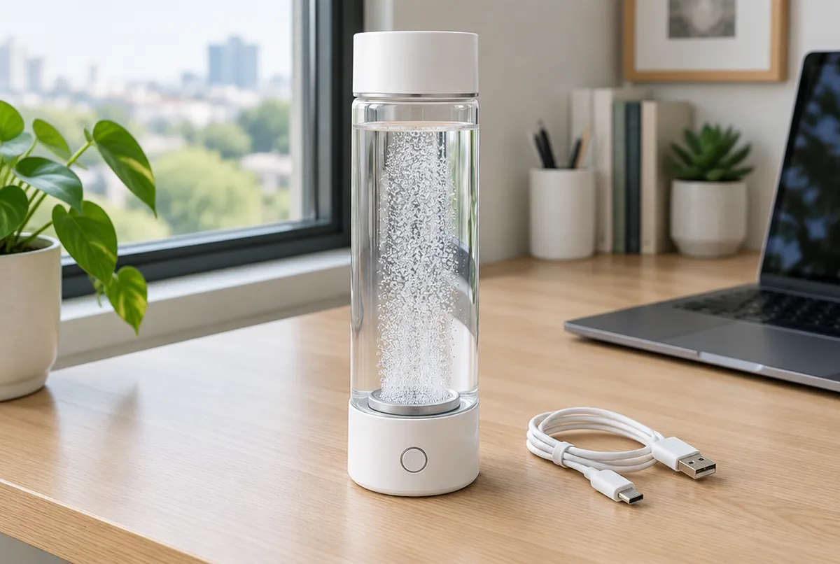 Eine tragbare elektrische Wasserstoffwasser-Flasche mit Blasen, die von der Elektrode aufsteigen