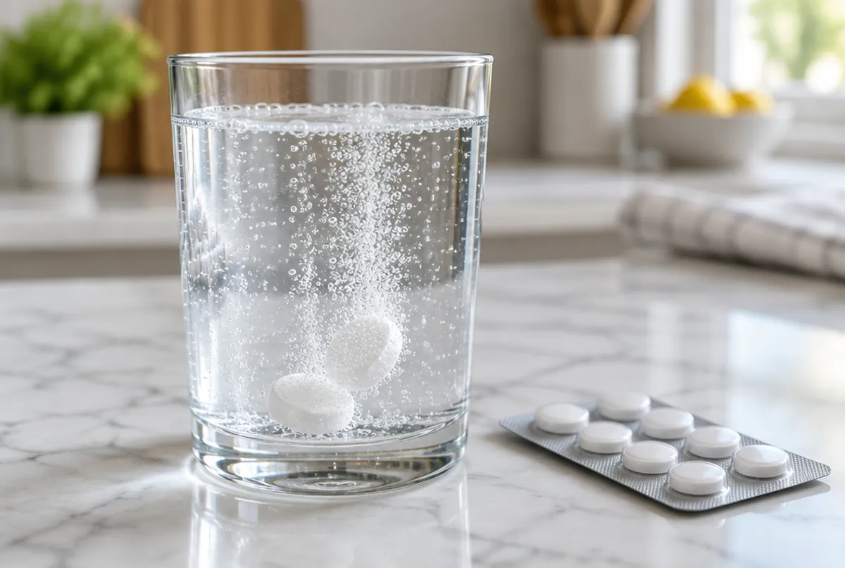 Wasserstofftabletten sprudeln in einem Glas Wasser