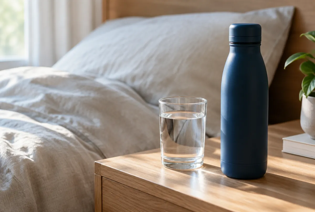 Ein Glas Wasser und eine geschlossene Isolierflasche morgens auf einem Nachttisch