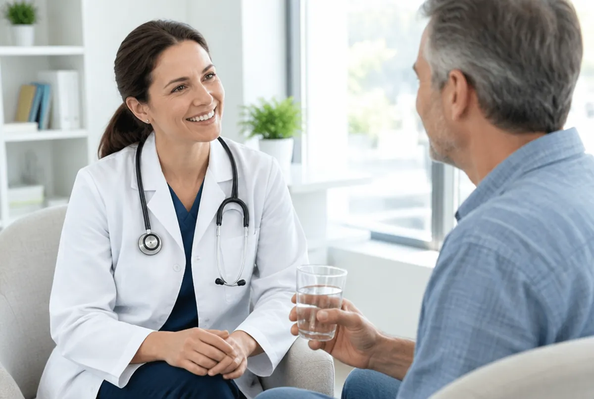 Ein Arzt spricht mit einem Patienten, der ein Glas Wasser hält