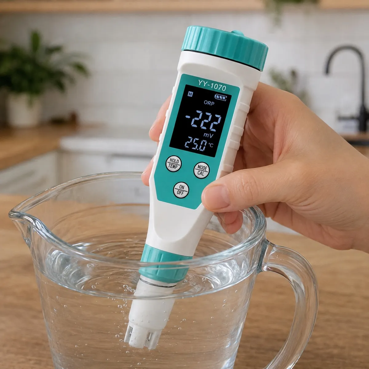 Ein ORP-Messgerät im Stiftformat zeigt einen negativen Messwert in einem Wasserkrug