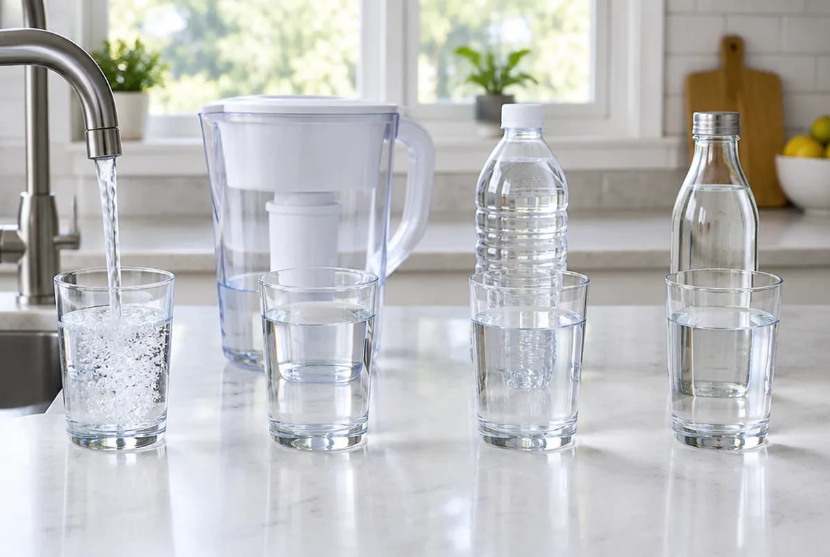 Leitungswasser, gefiltertes Wasser, abgefülltes Wasser und Quellwasser im direkten Vergleich