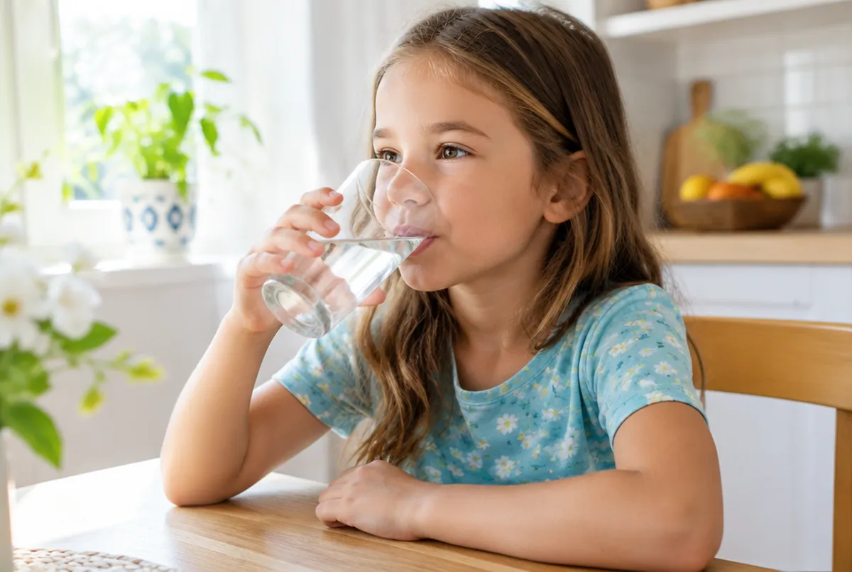 Ein Kind trinkt am Küchentisch ein Glas Wasser