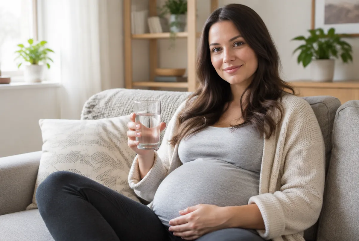 Eine schwangere Frau hält zu Hause ein Glas Wasser