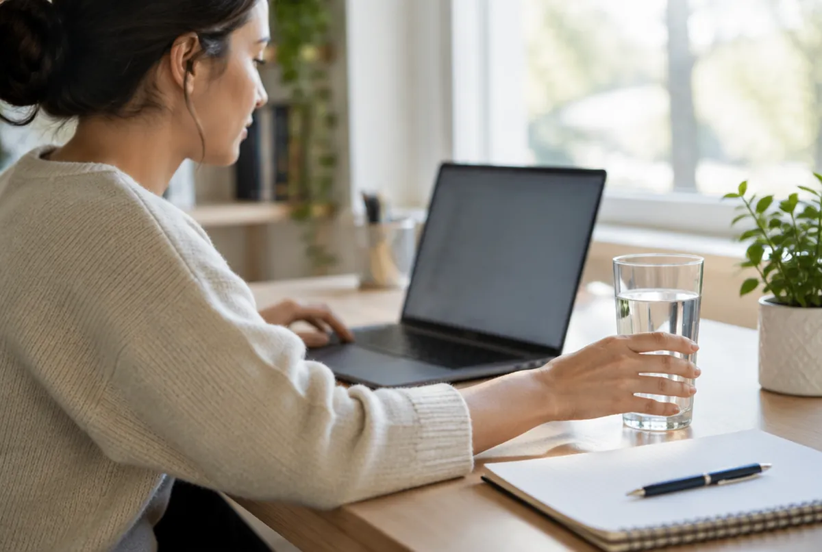 Beim Arbeiten am Schreibtisch zu einem Glas Wasser greifen