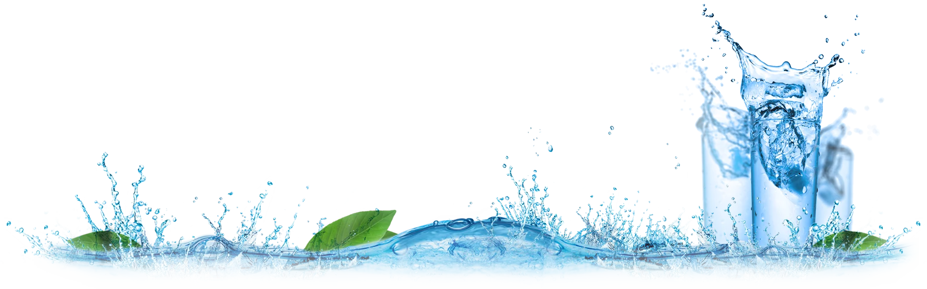 Klares Wasser spritzt um Gläser, mit grünen Blättern