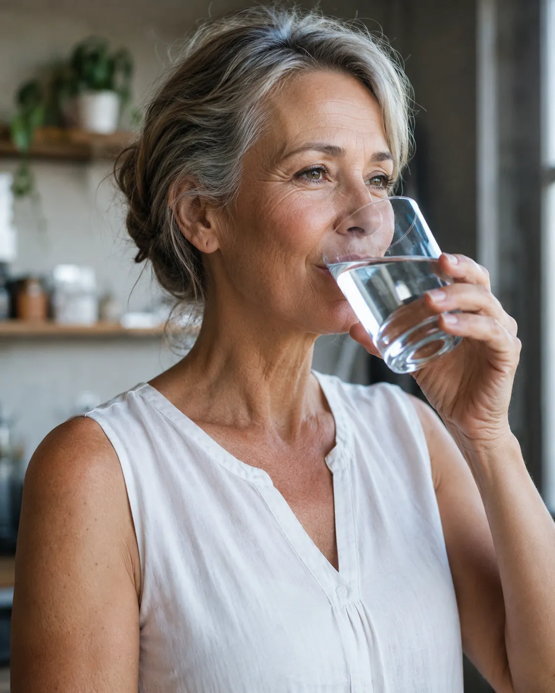 Eine Frau trinkt zu Hause ein Glas Wasser