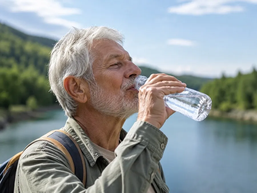 Ein älterer Mann trinkt draußen Wasser