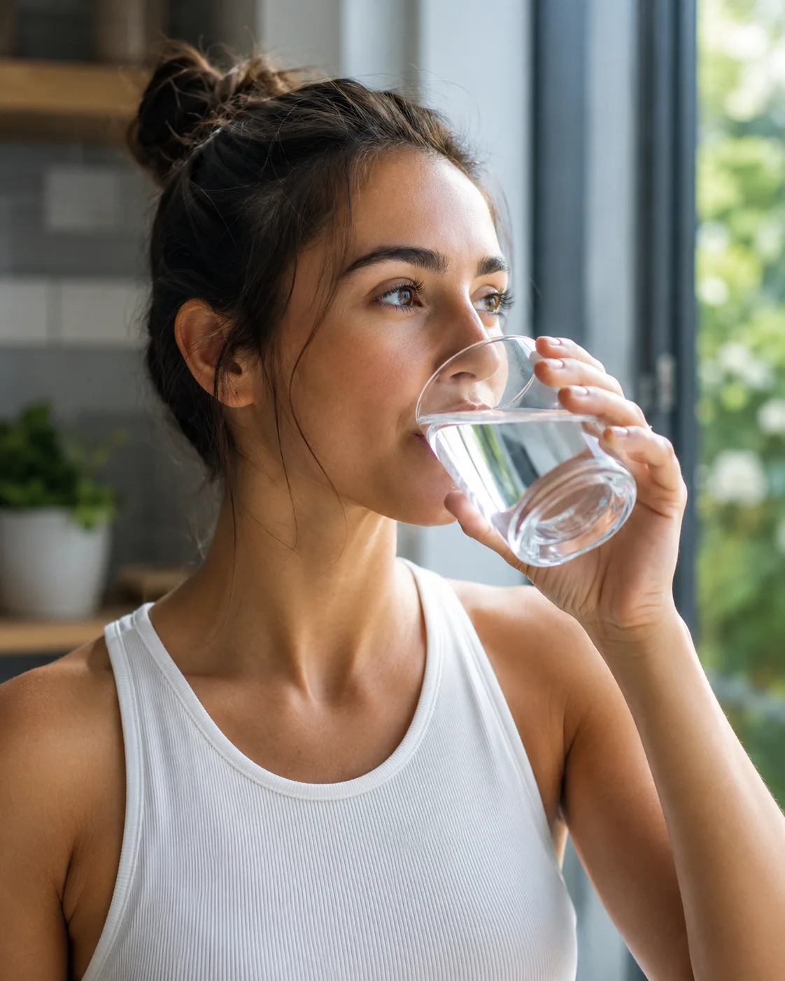 Eine Frau trinkt ein Glas klares Wasser
