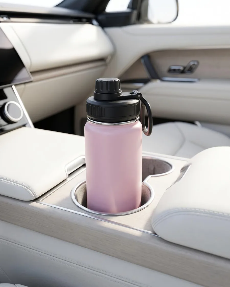 Living Aqua Flasche in Pink, 22 oz (650 ml), in einem Getränkehalter im Auto