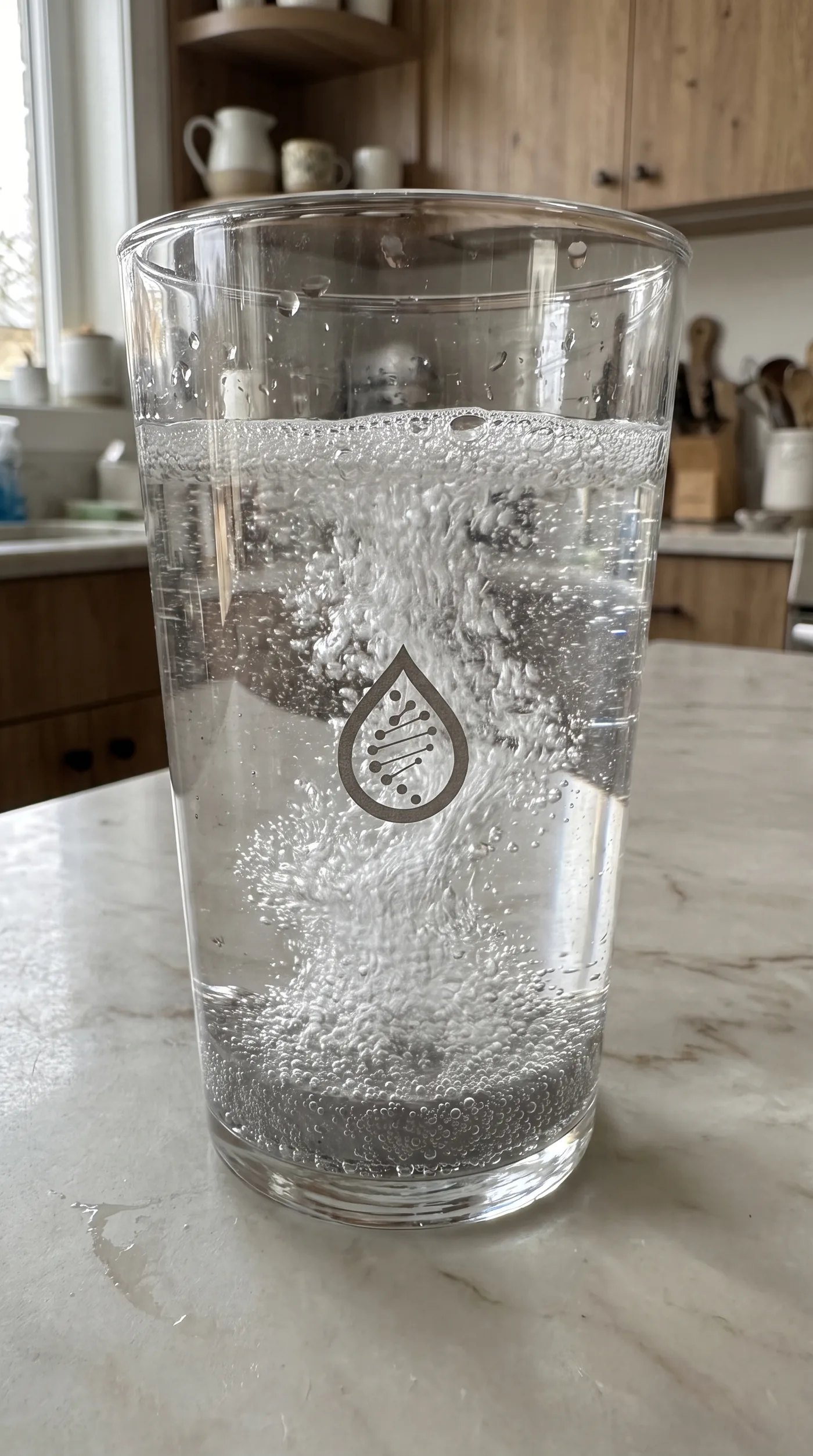 Feine Wasserstoffbläschen steigen von einer Disc in einem Glas Wasser auf