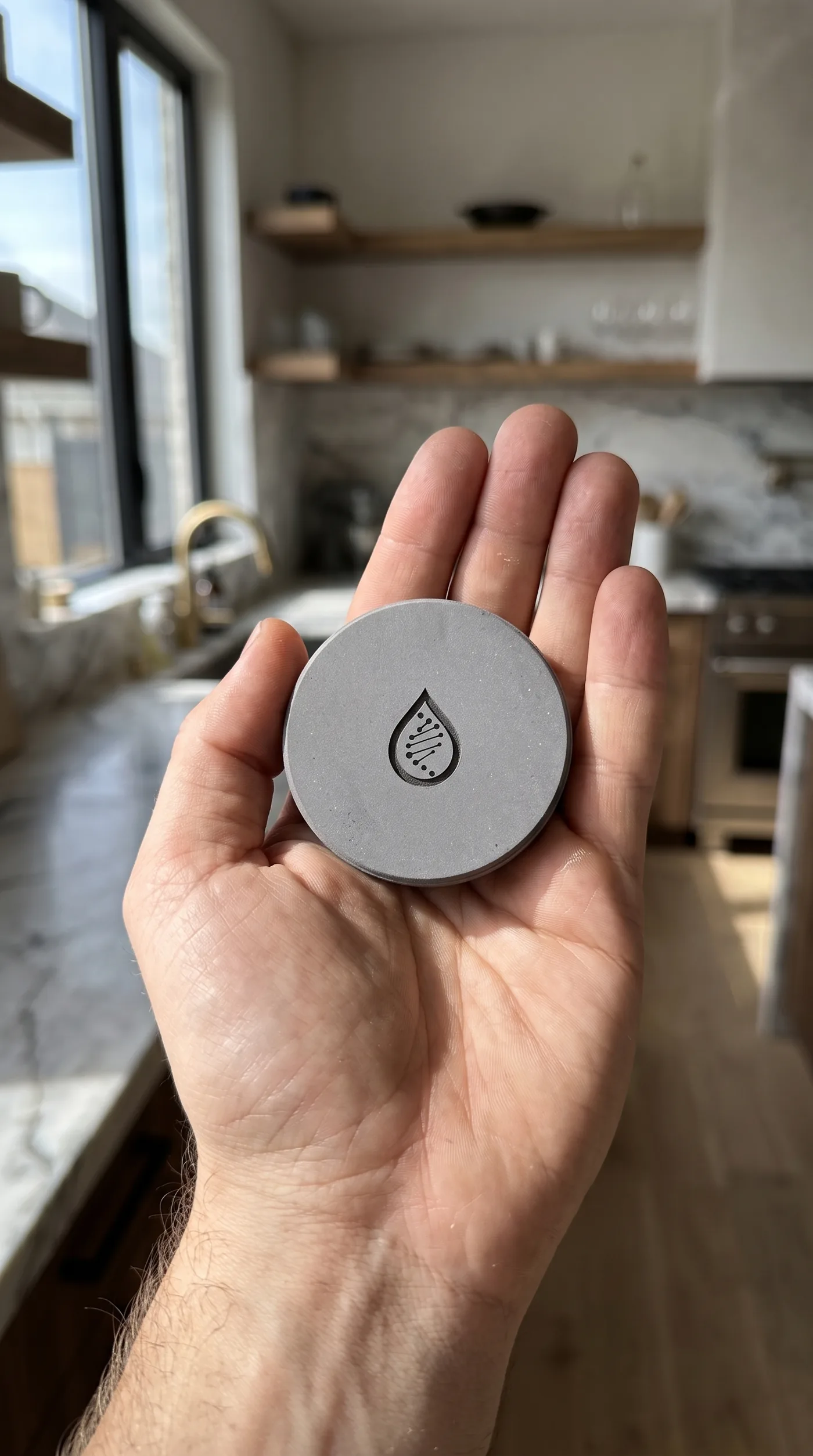 Eine Living Aqua Wasserstoff-Disc auf der Handfläche
