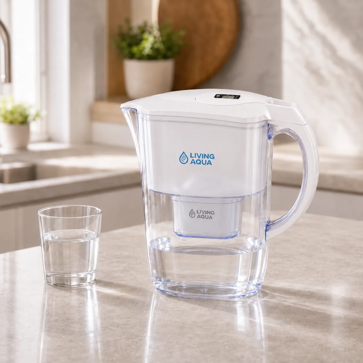 Die Living Aqua Filterkanne neben einem Glas gefiltertem Wasser