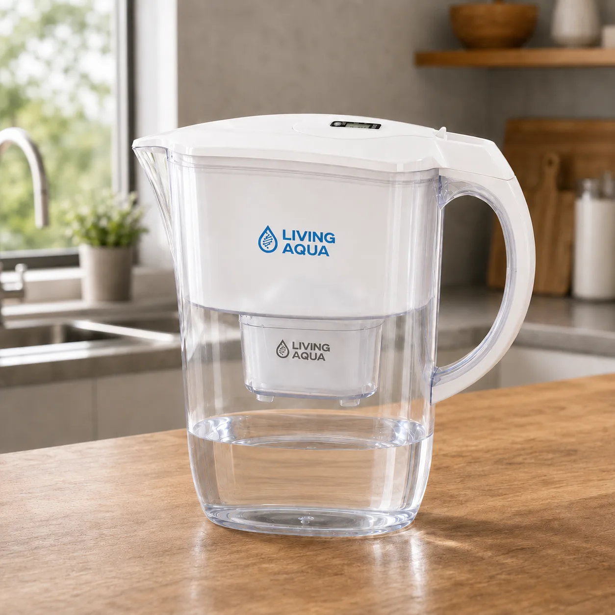 Die basische Wasserstoff-Filterkanne von Living Aqua auf einer Küchenarbeitsplatte
